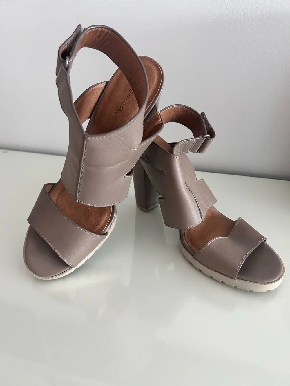 Saks Fifth Avenue Taupe Leather Block Heel Sandals